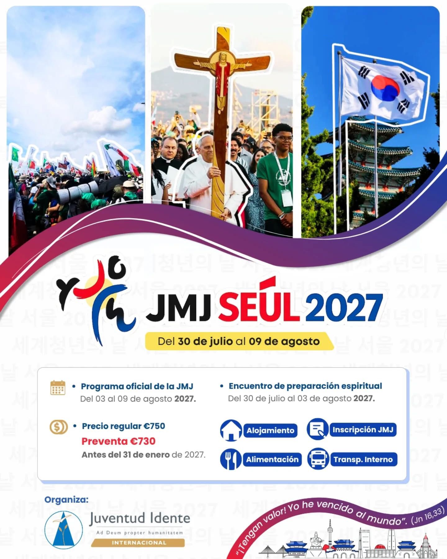 Cartel en español de JMJ Seúl 2027 con Juventud Idente